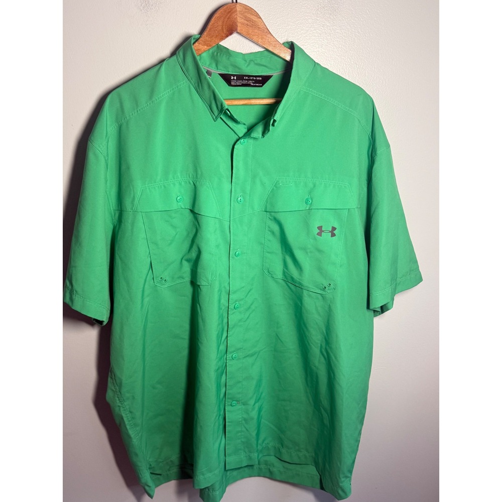 Under Armour Mens XXL HeatGear Fishing Shirt Green Short Sleeve Button Down